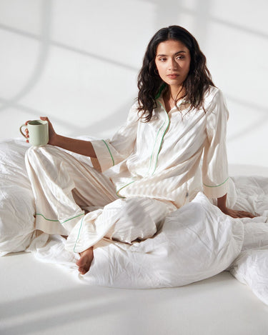 Satin Jacquard Stripe Long Pyjama Set - Ivory